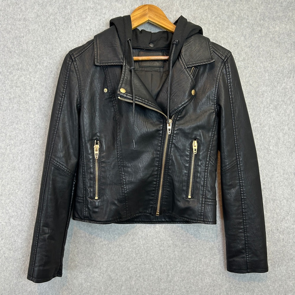 BLANKNYC Moto Jacket Black Faux Leather Hooded Edgy Rock and Roll Womens Size S